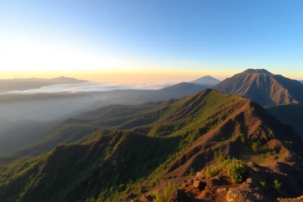 Complete Guide to Mount Rinjani: Trekking, Facts, and Tourism Insights Majestic Mount Rinjani with volcanic crater and lush greenery, captured during sunrise, showcasing its natural beauty and rugged terrain for adventure seekers.
