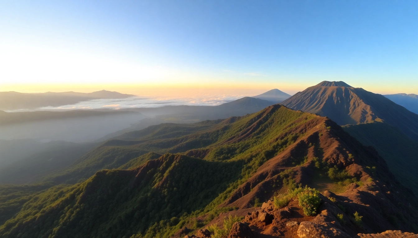 Majestic Mount Rinjani with volcanic crater and lush greenery, captured during sunrise, showcasing its natural beauty and rugged terrain for adventure seekers.
