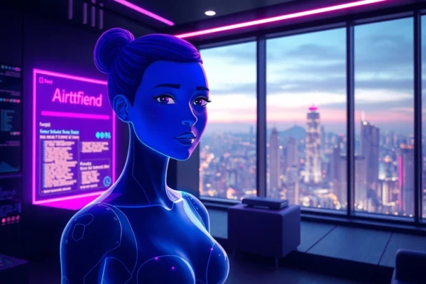 Futuristic digital scene of a virtual AI environment with a holographic AI girlfriend in a neon-lit room.