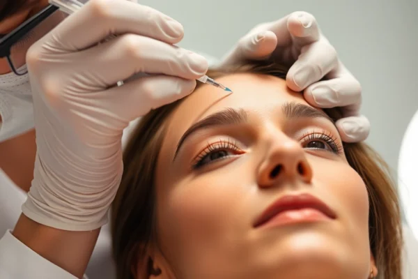 Botox treatment in Zürich: Experienced aesthetic doctor injecting Botox into client's forehead for wrinkle smoothing.