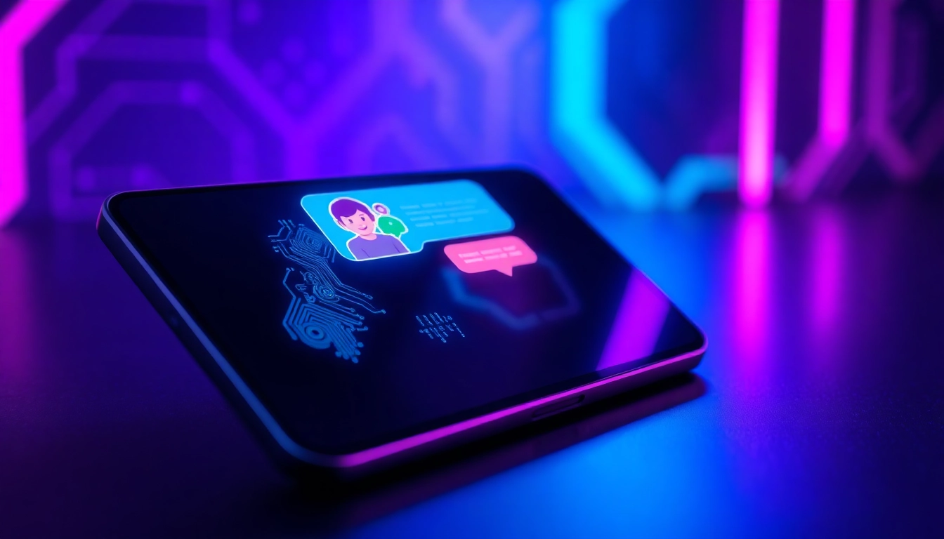Digital illustration of an AI chat interface with glowing speech bubbles and a futuristic device screen