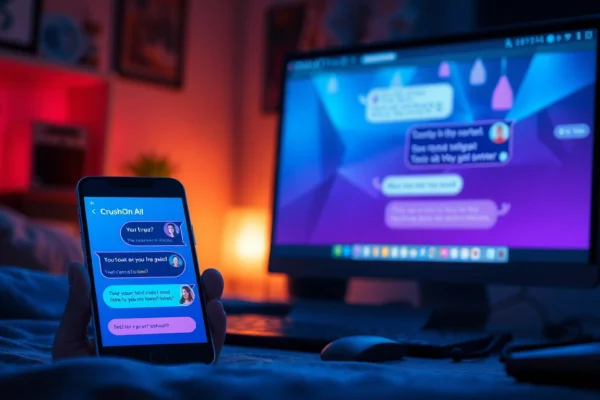Unlocking the Future of Personalized NSFW AI Chat: What You Need to Know Smartphones and desktop screens displaying the CrushOn AI chat platform with vibrant, futuristic visuals in a dimly lit room.