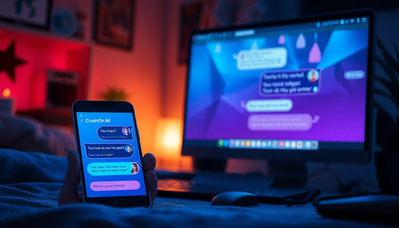 Smartphones and desktop screens displaying the CrushOn AI chat platform with vibrant, futuristic visuals in a dimly lit room.