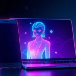 A futuristic digital scene showing a seductive AI character on a smartphone and laptop, glowing with neon colors and surrounded by data particles.