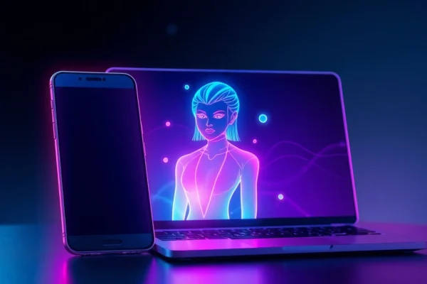 A futuristic digital scene showing a seductive AI character on a smartphone and laptop, glowing with neon colors and surrounded by data particles.