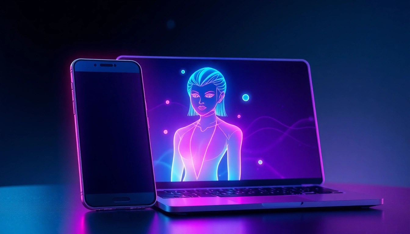 A futuristic digital scene showing a seductive AI character on a smartphone and laptop, glowing with neon colors and surrounded by data particles.
