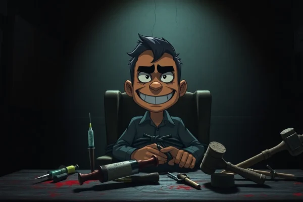 Blood Money Game Harvey: A Deep Dive into Moral Dilemmas and Psychological Horror A disturbing scene of Harvey tied to a chair with tools like a syringe and hammer nearby, in a dark, tense room.