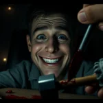 A disturbing scene of Harvey suffering as a hand approaches with a violent tool, set in a dark, shadowy room.