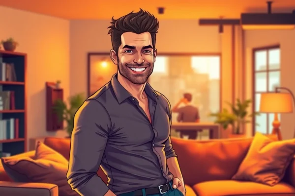 Unveiling the DILF AI: How CrushOn AI is Redefining Charismatic Digital Characters A confident, attractive man in a cozy urban apartment, smiling warmly, representing the concept of a DILF.