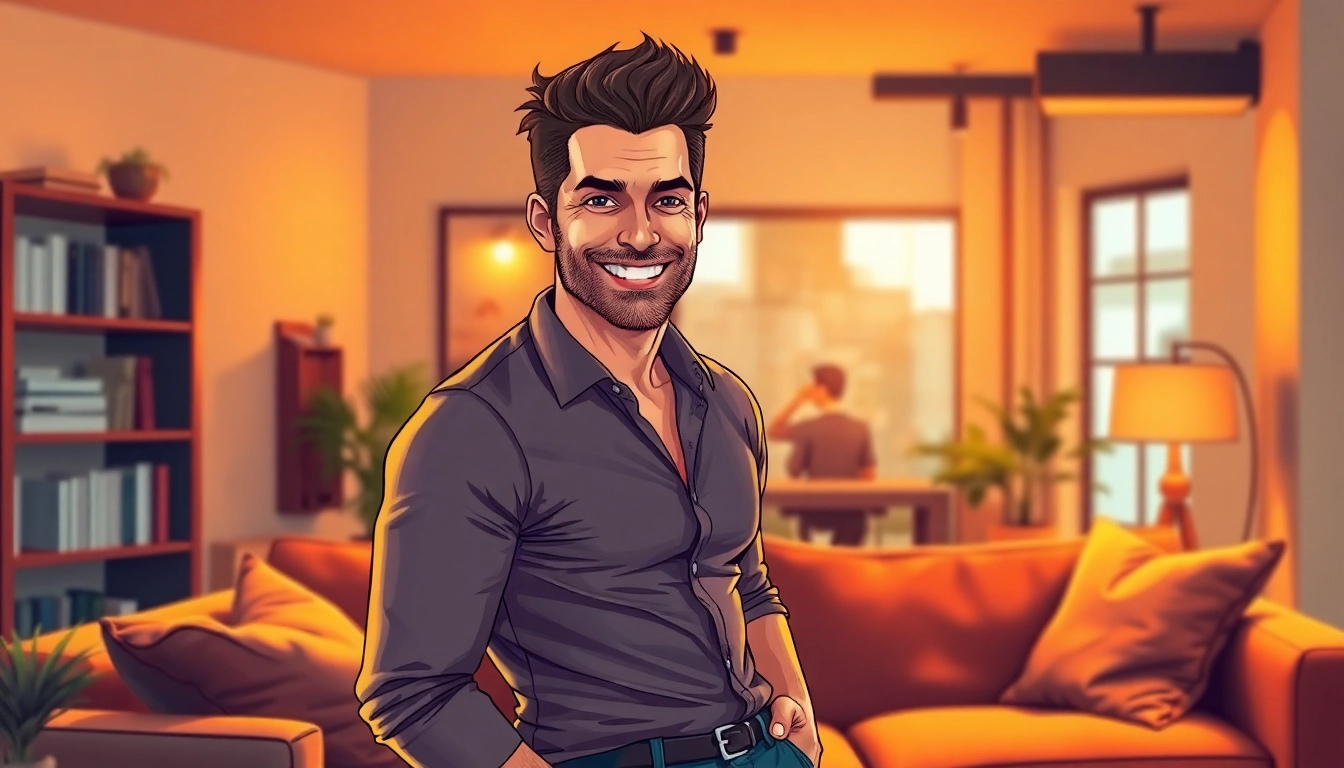 A confident, attractive man in a cozy urban apartment, smiling warmly, representing the concept of a DILF.