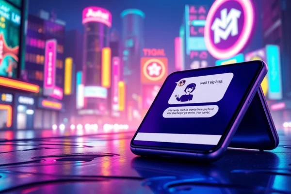 Futuristic smartphone displaying an AI chatbot interface with neon cityscape background.