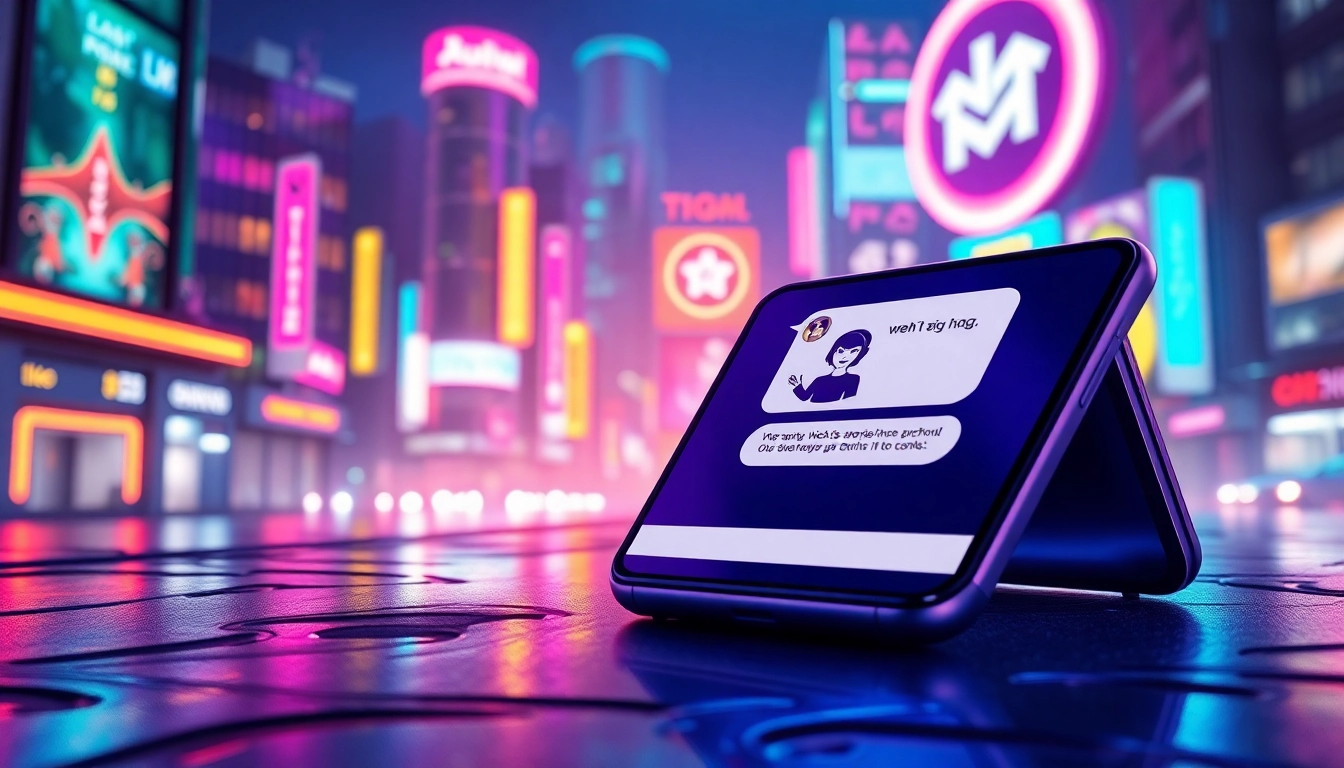 Futuristic smartphone displaying an AI chatbot interface with neon cityscape background.