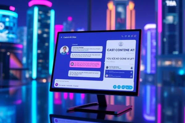 An illustration of a futuristic chat interface on a high-tech screen with neon accents, set against a glowing cityscape background, representing advanced AI chat platforms.