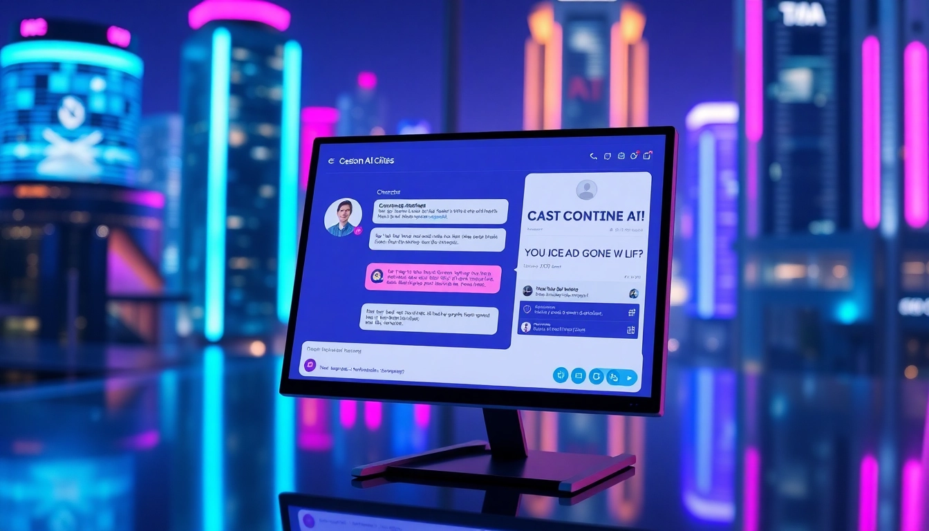 An illustration of a futuristic chat interface on a high-tech screen with neon accents, set against a glowing cityscape background, representing advanced AI chat platforms.