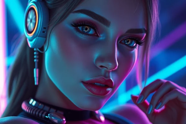 Hyper-realistic digital illustration of a futuristic adult scene with neon lighting and cyberpunk aesthetics.