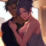 Illustration of two characters representing alpha and omega traits in an intimate setting with warm lighting and detailed textures.
