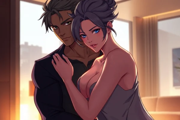 Understanding the Omegaverse: What Is It and Why Is It Popular? Illustration of two characters representing alpha and omega traits in an intimate setting with warm lighting and detailed textures.