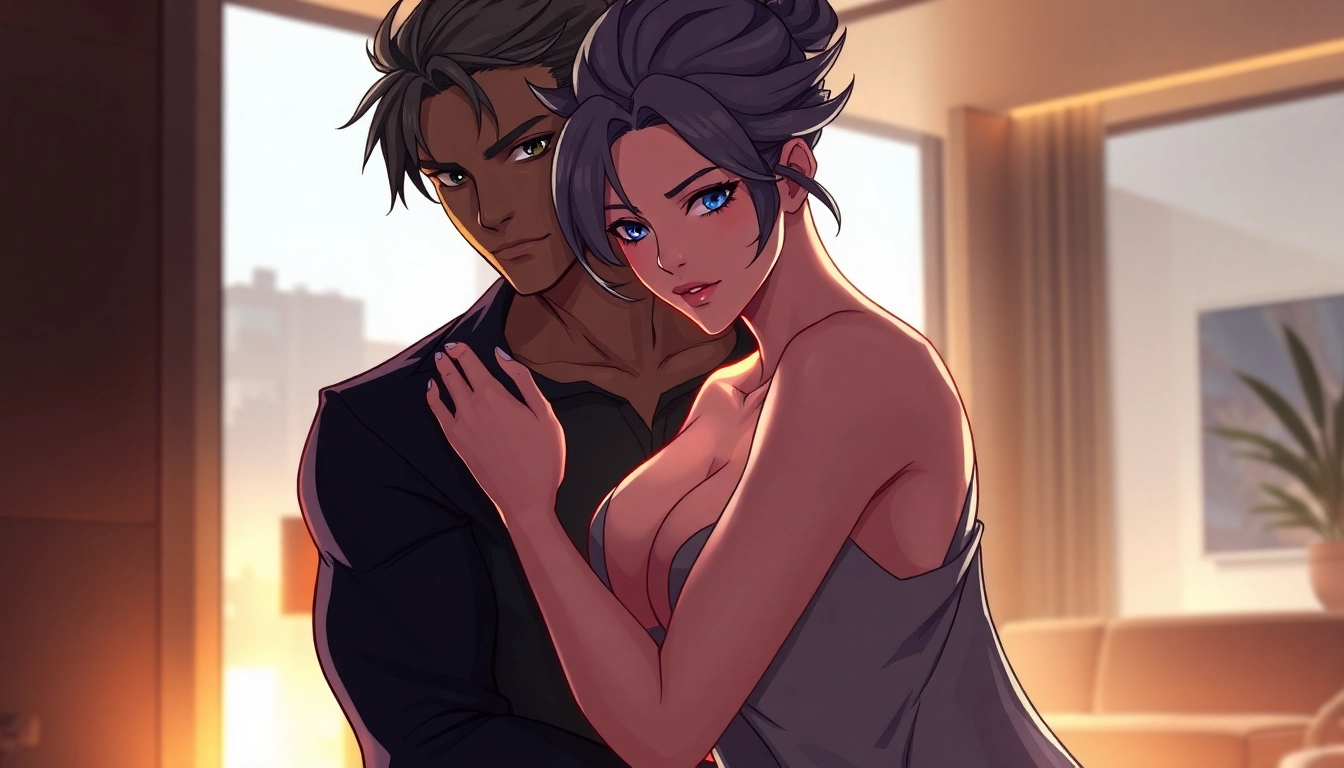 Illustration of two characters representing alpha and omega traits in an intimate setting with warm lighting and detailed textures.