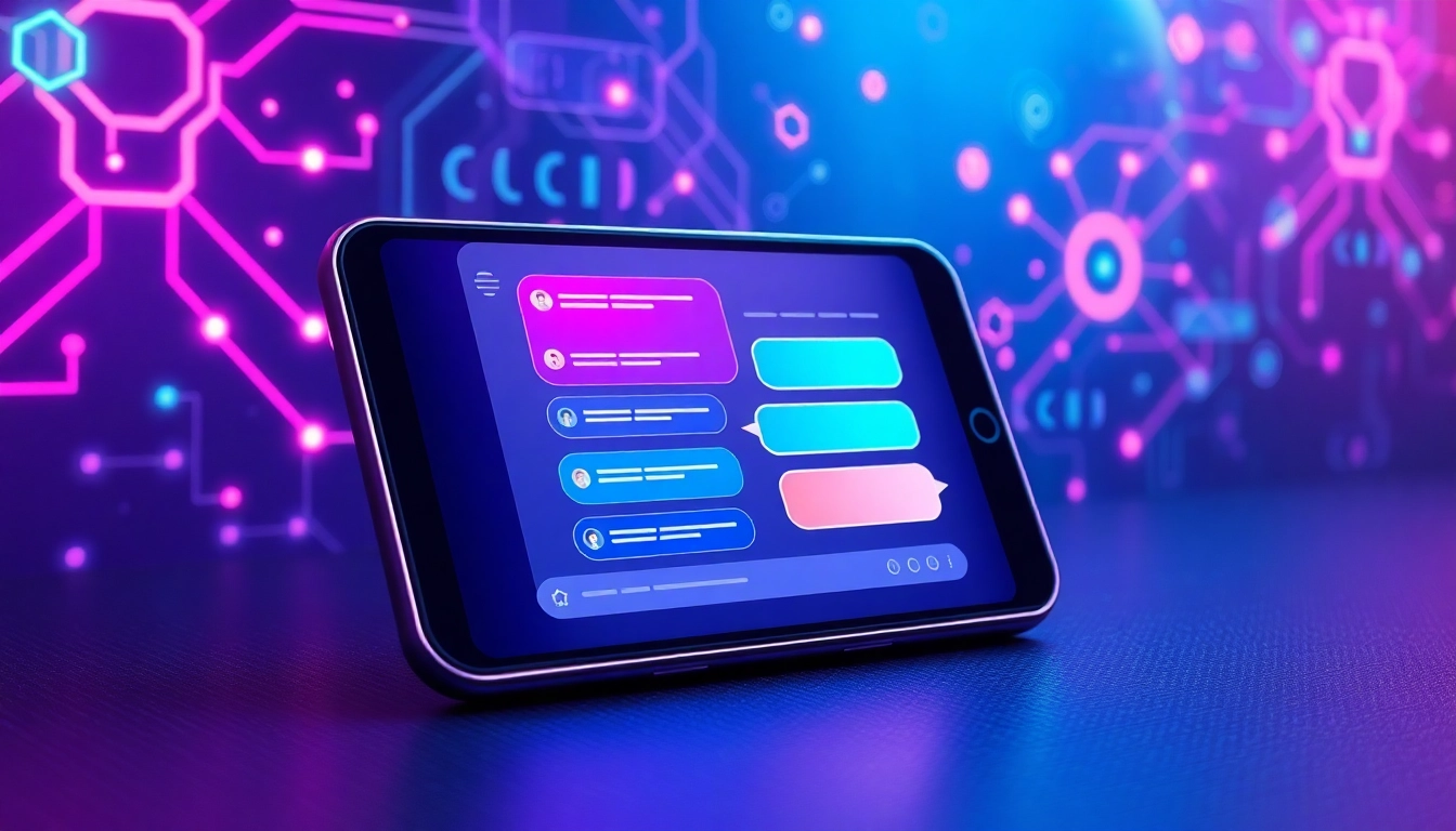 Futuristic AI chatbot interface on a sleek device with glowing digital elements and vibrant speech bubbles