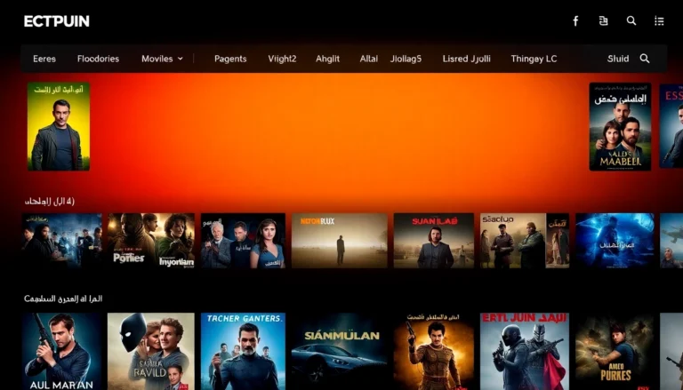 مشهد تلفزيوني يعرض منصة مشاهدة افلام مترجمة محاناً مع واجهة سهلة الاستخدام وأيقونات واضحة للمحتوى العربي والأجنبي لضمان تجربة مريحة للمستخدمين.