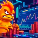 Staking Angry Pepe coins on a blockchain dashboard with vibrant neon visuals and futuristic theme