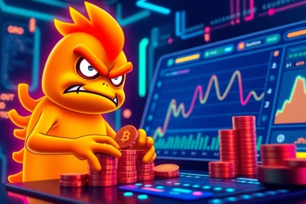 Staking Angry Pepe coins on a blockchain dashboard with vibrant neon visuals and futuristic theme