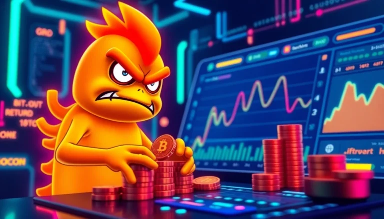 Staking Angry Pepe coins on a blockchain dashboard with vibrant neon visuals and futuristic theme