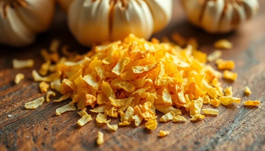 High-quality dehydrated garlic flakes displayed on wooden surface for culinary use
