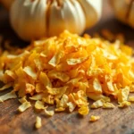 High-quality dehydrated garlic flakes displayed on wooden surface for culinary use