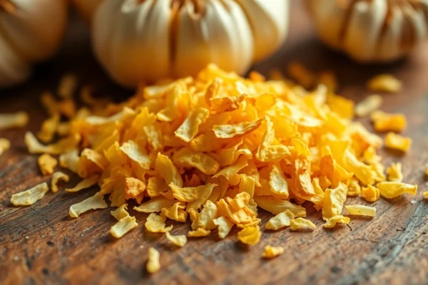High-quality dehydrated garlic flakes displayed on wooden surface for culinary use